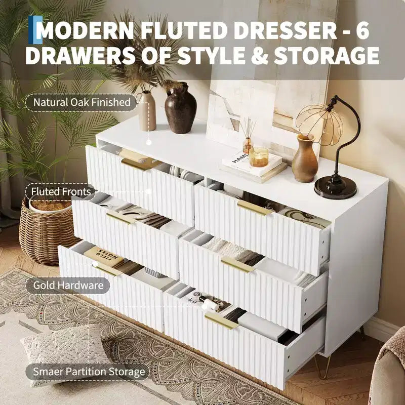 COZONY Commode cannelée à 6 tiroirs, commode moderne de 120 cm de large avec poignées en métal pour chambre et salon
