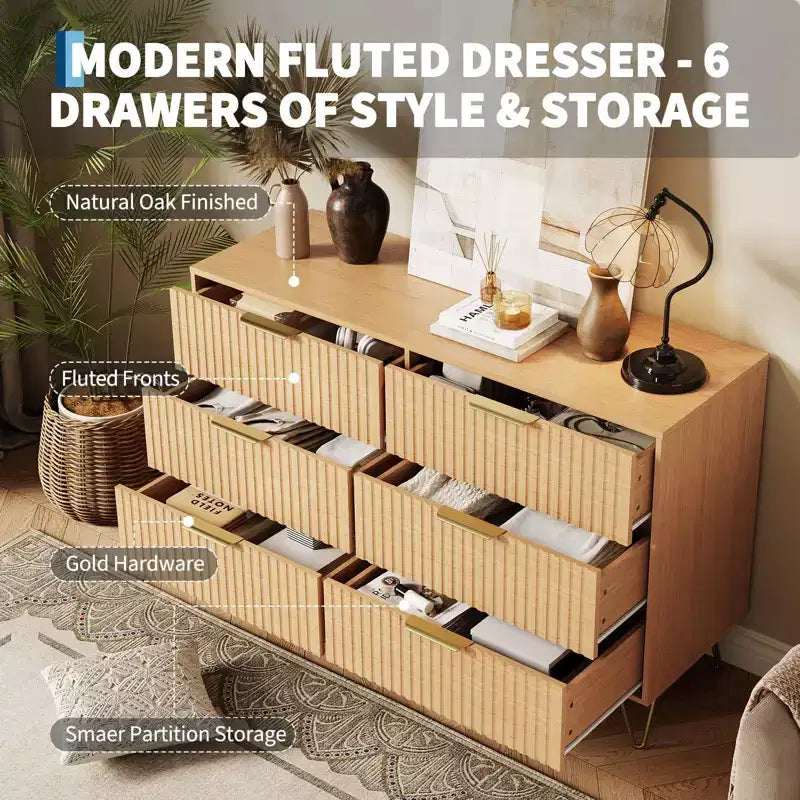 COZONY Commode cannelée à 6 tiroirs, commode moderne de 120 cm de large avec poignées en métal pour chambre et salon