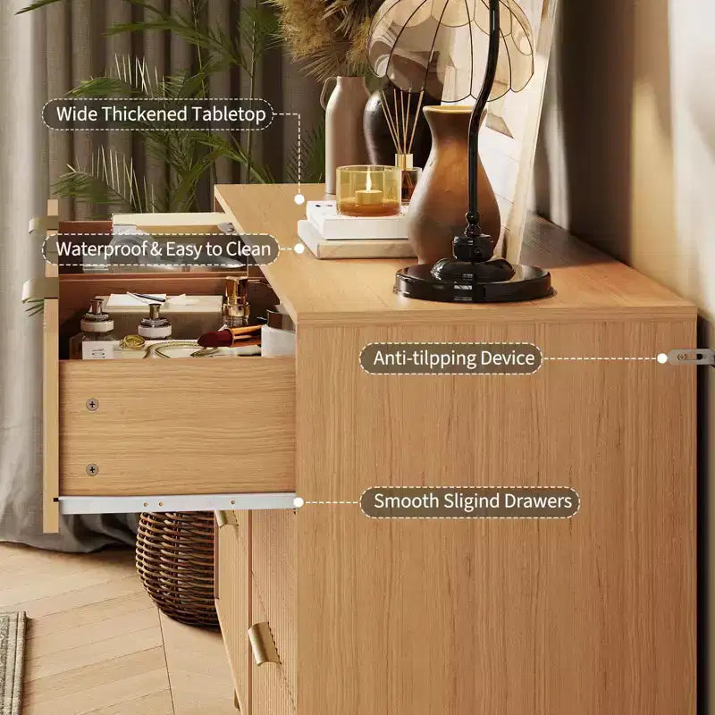COZONY Commode cannelée à 6 tiroirs, commode moderne de 120 cm de large avec poignées en métal pour chambre et salon