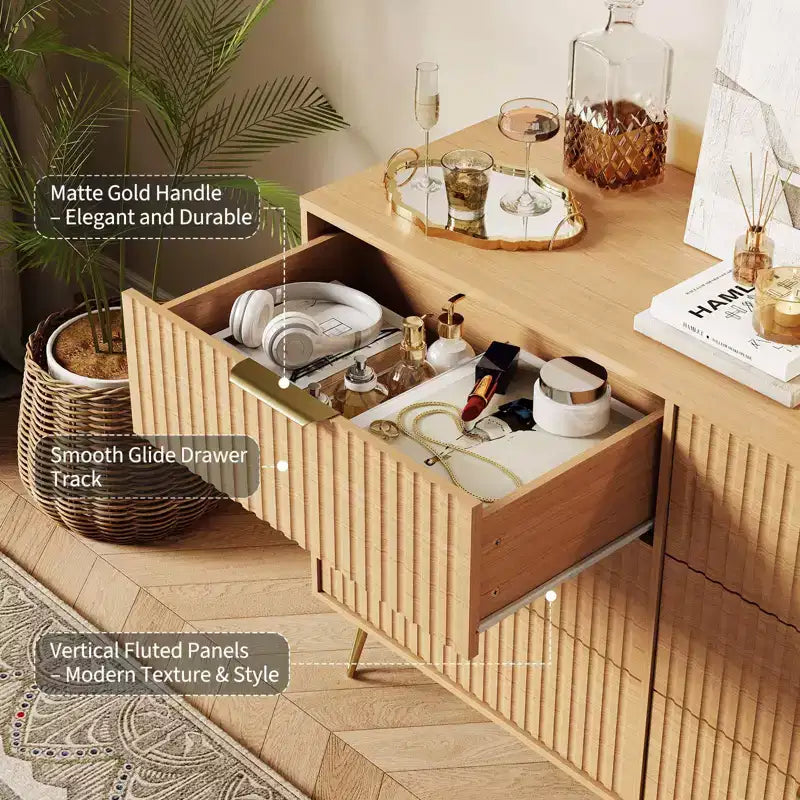 COZONY Commode cannelée à 6 tiroirs, commode moderne de 120 cm de large avec poignées en métal pour chambre et salon