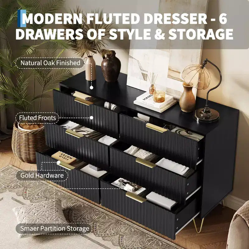 COZONY Commode cannelée à 6 tiroirs, commode moderne de 120 cm de large avec poignées en métal pour chambre et salon