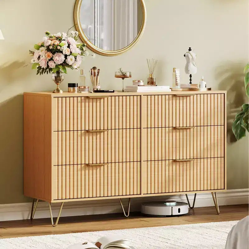 COZONY Fluted Dresser with 6 Drawers, 47 Wide Modern Chest with Metal Handles for Bedroom & Living Room