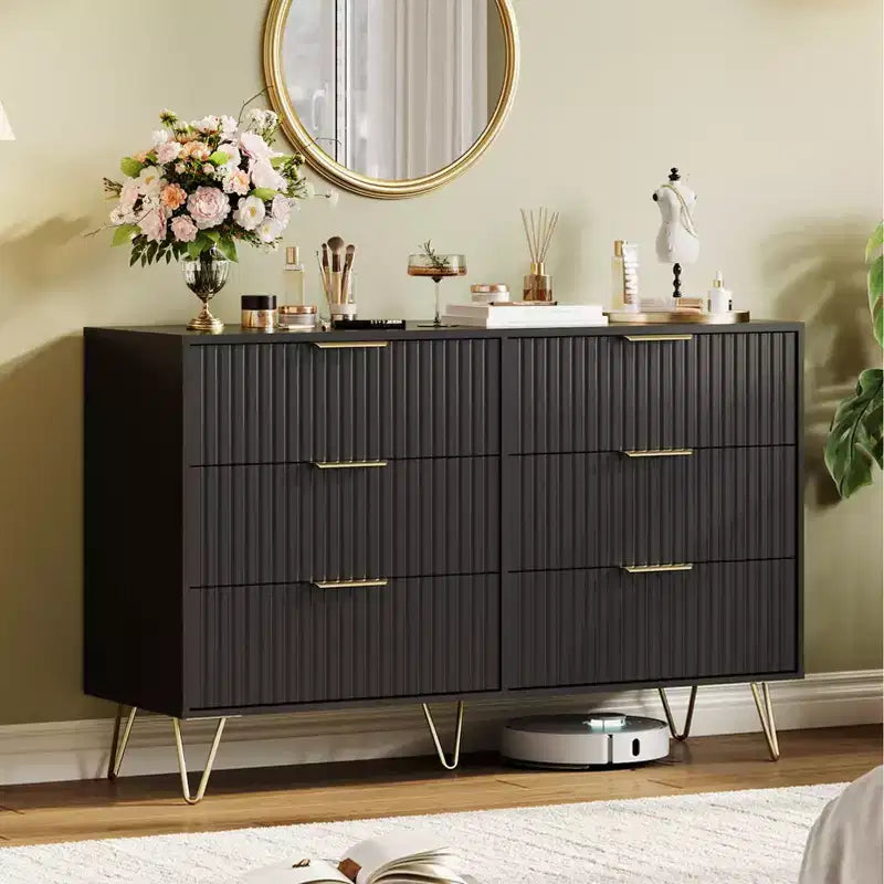 COZONY Commode cannelée à 6 tiroirs, commode moderne de 120 cm de large avec poignées en métal pour chambre et salon