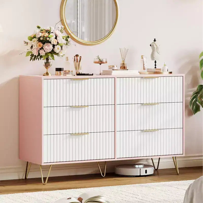 COZONY Commode cannelée à 6 tiroirs, commode moderne de 120 cm de large avec poignées en métal pour chambre et salon