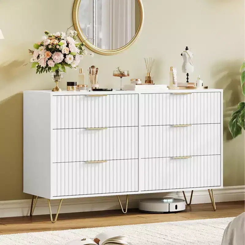 COZONY Commode cannelée à 6 tiroirs, commode moderne de 120 cm de large avec poignées en métal pour chambre et salon