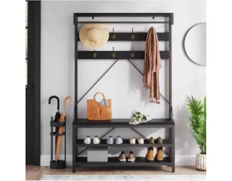 Porte-manteau d'entrée de 100 CM avec banc à chaussures, métal + panneaux de particules,