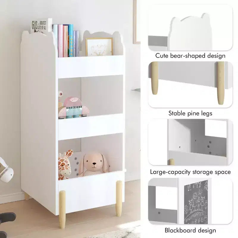 JVNOXK Bibliothèque pour enfants avec côté tableau – Étagère en bois en forme d'ours avec 3 niveaux de rangement, tableau de dessin pour les tout-petants, jouet et livre blanc