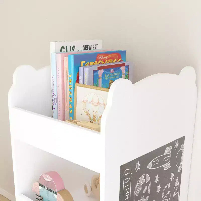 JVNOXK Bibliothèque pour enfants avec côté tableau – Étagère en bois en forme d'ours avec 3 niveaux de rangement, tableau de dessin pour les tout-petants, jouet et livre blanc