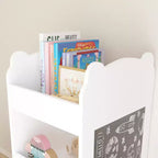 JVNOXK Bibliothèque pour enfants avec côté tableau – Étagère en bois en forme d'ours avec 3 niveaux de rangement, tableau de dessin pour les tout-petants, jouet et livre blanc