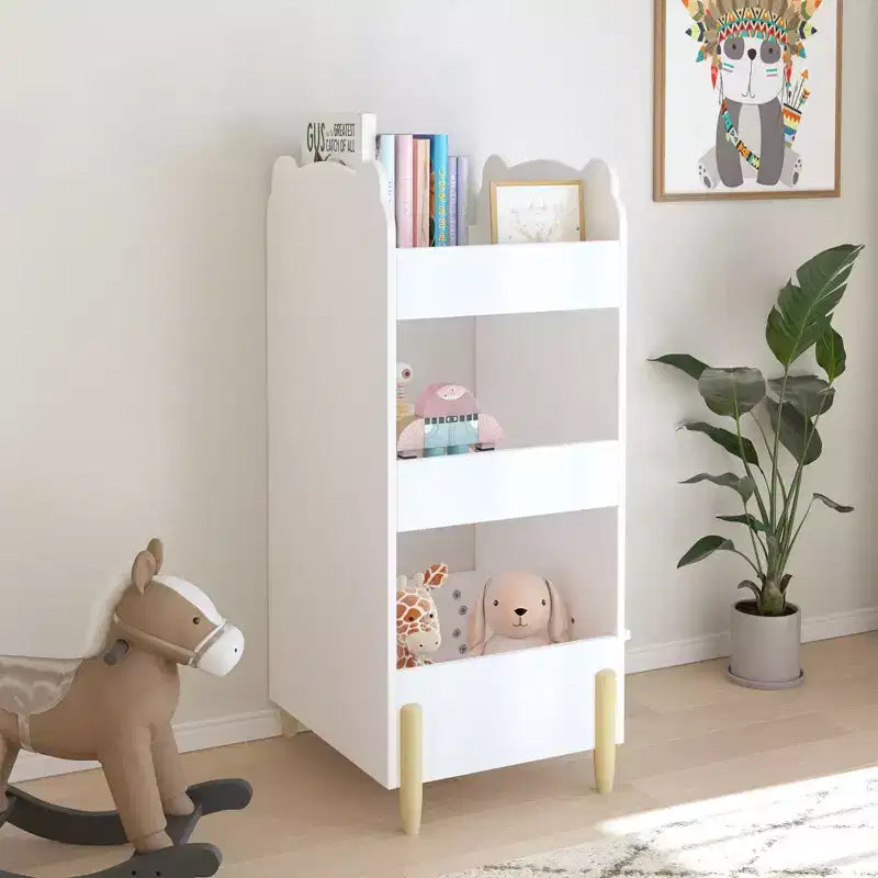 JVNOXK Bibliothèque pour enfants avec côté tableau – Étagère en bois en forme d'ours avec 3 niveaux de rangement, tableau de dessin pour les tout-petants, jouet et livre blanc