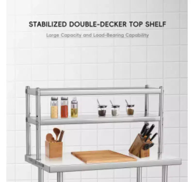 Établi de cuisine sur mesure en acier inoxydable avec étagère à double plateau