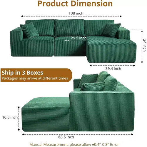 Canapé d'angle modulable Acekool en forme de L, 108 nuages, en velours côtelé, assise profonde, sans montage, pour salon, vert émeraude, angle droit