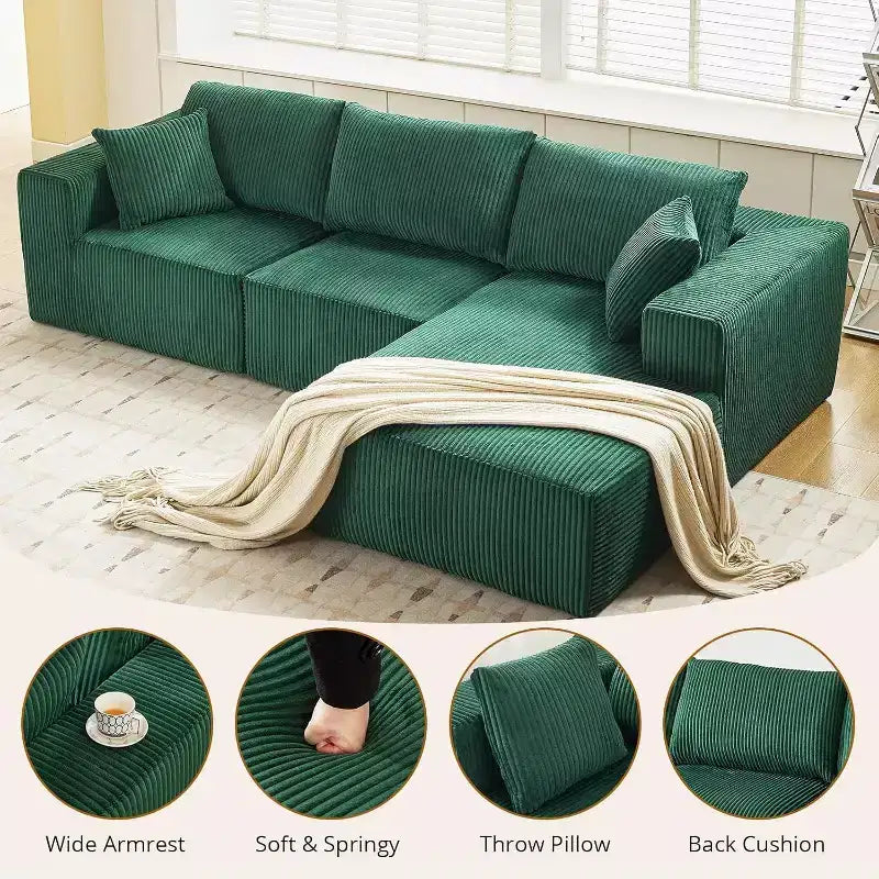 Canapé d'angle modulable Acekool en forme de L, 108 nuages, en velours côtelé, assise profonde, sans montage, pour salon, vert émeraude, angle droit