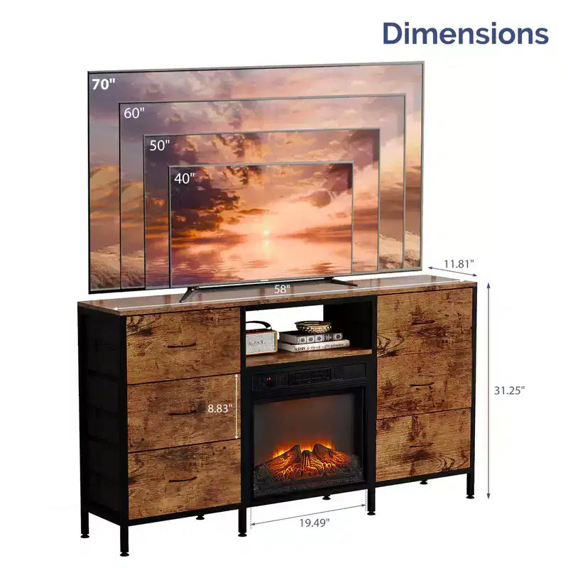 Meuble TV de ferme 58'' pour téléviseurs jusqu'à 70'' avec foyer électrique et 6 tiroirs