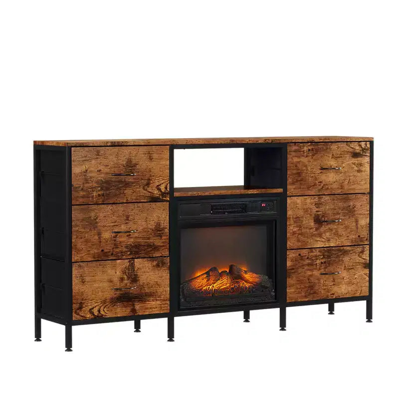 Meuble TV de ferme 58'' pour téléviseurs jusqu'à 70'' avec foyer électrique et 6 tiroirs