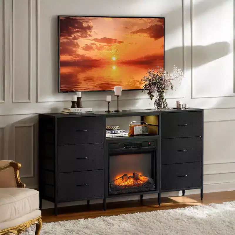 Meuble TV de ferme 58'' pour téléviseurs jusqu'à 70'' avec foyer électrique et 6 tiroirs