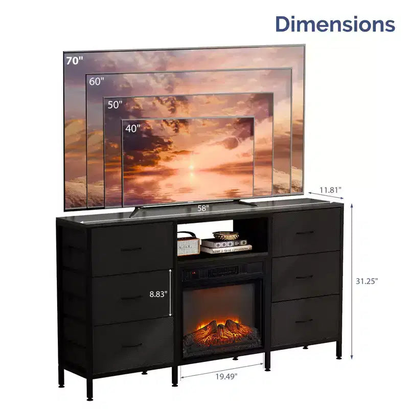 Meuble TV de ferme 58'' pour téléviseurs jusqu'à 70'' avec foyer électrique et 6 tiroirs