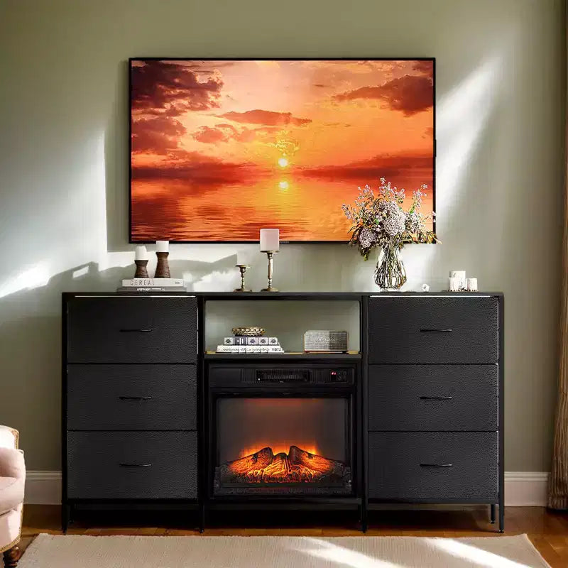Meuble TV de ferme 58'' pour téléviseurs jusqu'à 70'' avec foyer électrique et 6 tiroirs