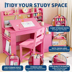 COZONY Bureau et chaise pour enfants avec rangement, plateau inclinable et casier, table d'écriture en bois pour les 3-9 ans, bureau réglable