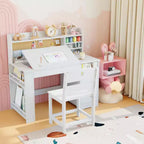 COZONY Bureau et chaise pour enfants avec rangement, plateau inclinable et casier, table d'écriture en bois pour les 3-9 ans, bureau réglable