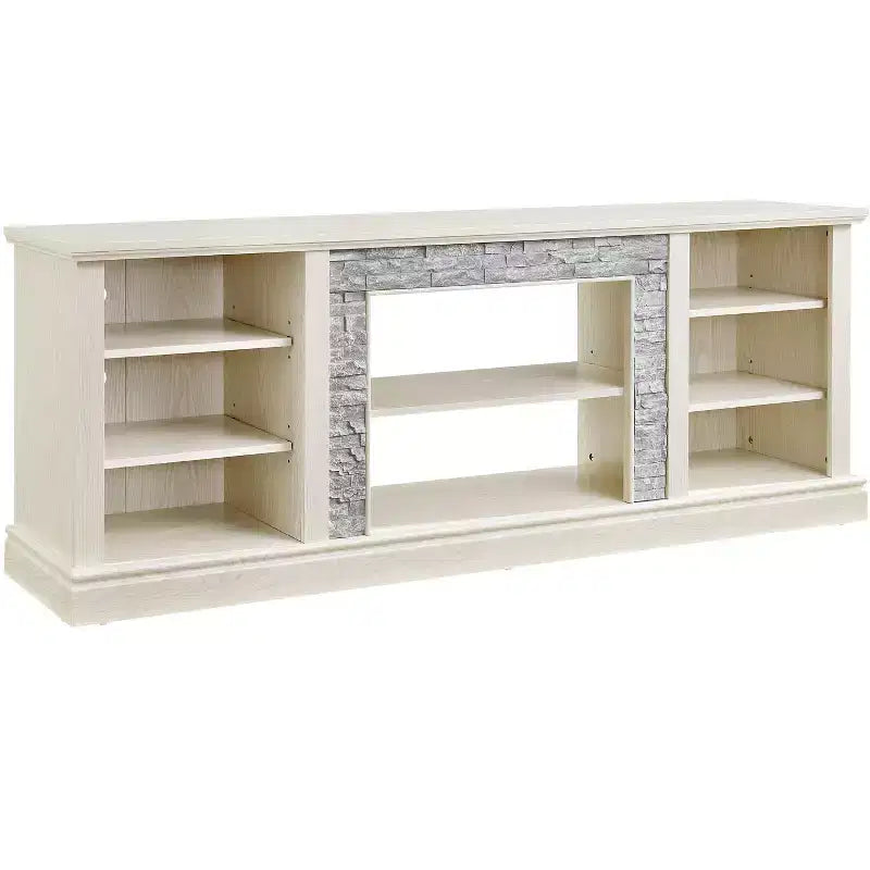 Meuble TV TUYOHW pour téléviseurs jusqu'à 75 pouces, console multimédia de style campagnard avec contour en fausse pierre empilée et étagères ouvertes
