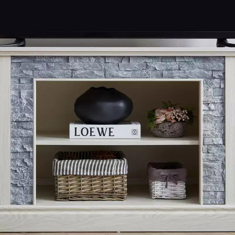 Meuble TV TUYOHW pour téléviseurs jusqu'à 75 pouces, console multimédia de style campagnard avec contour en fausse pierre empilée et étagères ouvertes