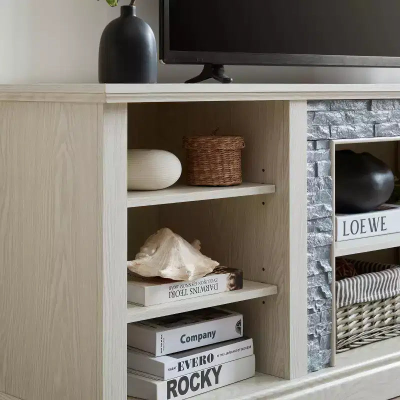 Meuble TV TUYOHW pour téléviseurs jusqu'à 75 pouces, console multimédia de style campagnard avec contour en fausse pierre empilée et étagères ouvertes