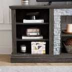 Meuble TV TUYOHW pour téléviseurs jusqu'à 75 pouces, console multimédia de style campagnard avec contour en fausse pierre empilée et étagères ouvertes