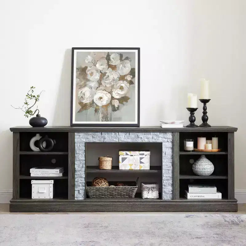 Meuble TV TUYOHW pour téléviseurs jusqu'à 75 pouces, console multimédia de style campagnard avec contour en fausse pierre empilée et étagères ouvertes