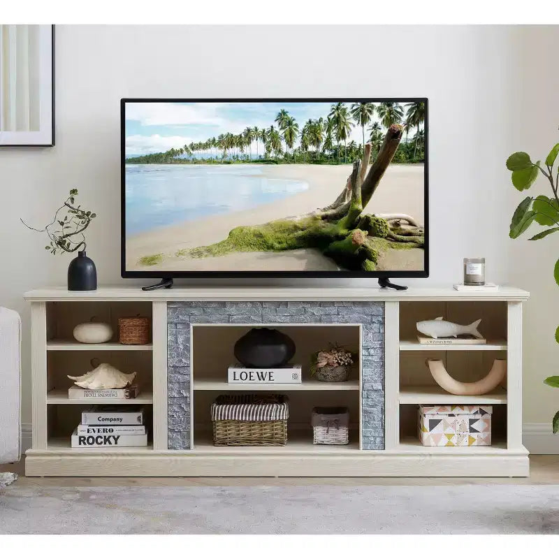 Meuble TV TUYOHW pour téléviseurs jusqu'à 75 pouces, console multimédia de style campagnard avec contour en fausse pierre empilée et étagères ouvertes