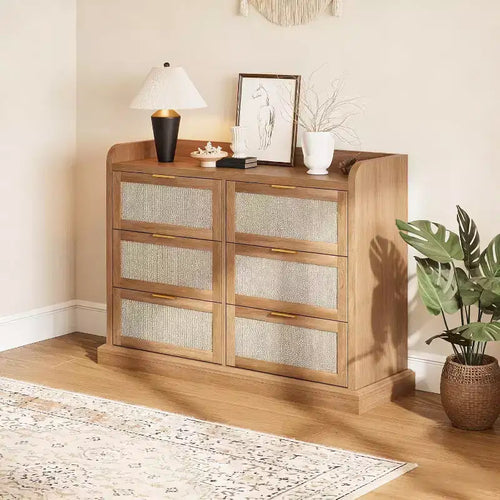 6 Drawer Dresser for Bedroom,Rattan Chest of Dressers,Boho Chest of Drawers,Wooden Dresser Chest,Beside Table for Living Room/Closet/Bedroom