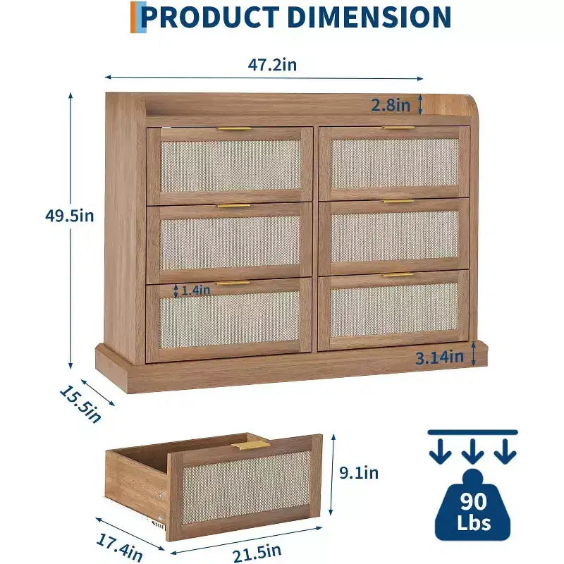 Commode à 6 tiroirs pour chambre à coucher, commode en rotin, commode bohème, commode en bois, table de chevet pour salon/placard/chambre à coucher