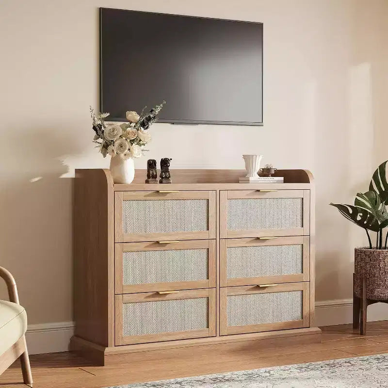 Commode à 6 tiroirs pour chambre à coucher, commode en rotin, commode bohème, commode en bois, table de chevet pour salon/placard/chambre à coucher