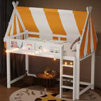 Lit mezzanine double/grand format avec baldaquin et toit, lit cabane en bois avec lumières LED et étagère à livres pour chambre de filles et de garçons