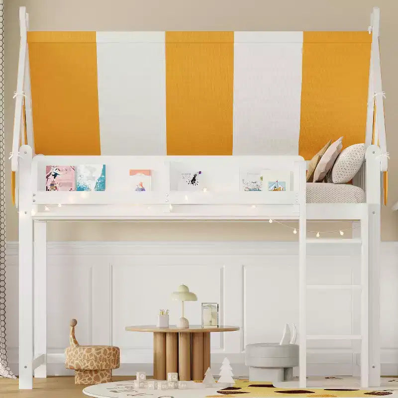 Lit mezzanine double/grand format avec baldaquin et toit, lit cabane en bois avec lumières LED et étagère à livres pour chambre de filles et de garçons