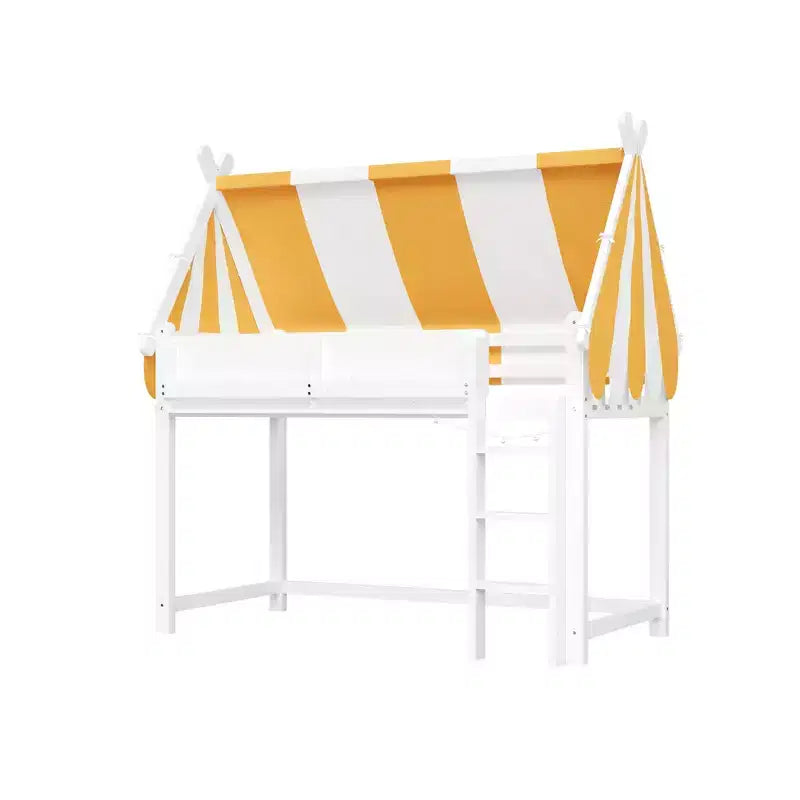 Lit mezzanine double/grand format avec baldaquin et toit, lit cabane en bois avec lumières LED et étagère à livres pour chambre de filles et de garçons