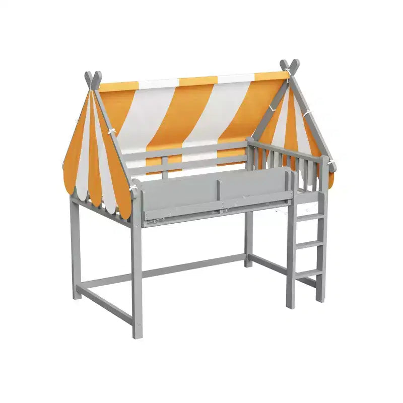 Lit mezzanine double/grand format avec baldaquin et toit, lit cabane en bois avec lumières LED et étagère à livres pour chambre de filles et de garçons