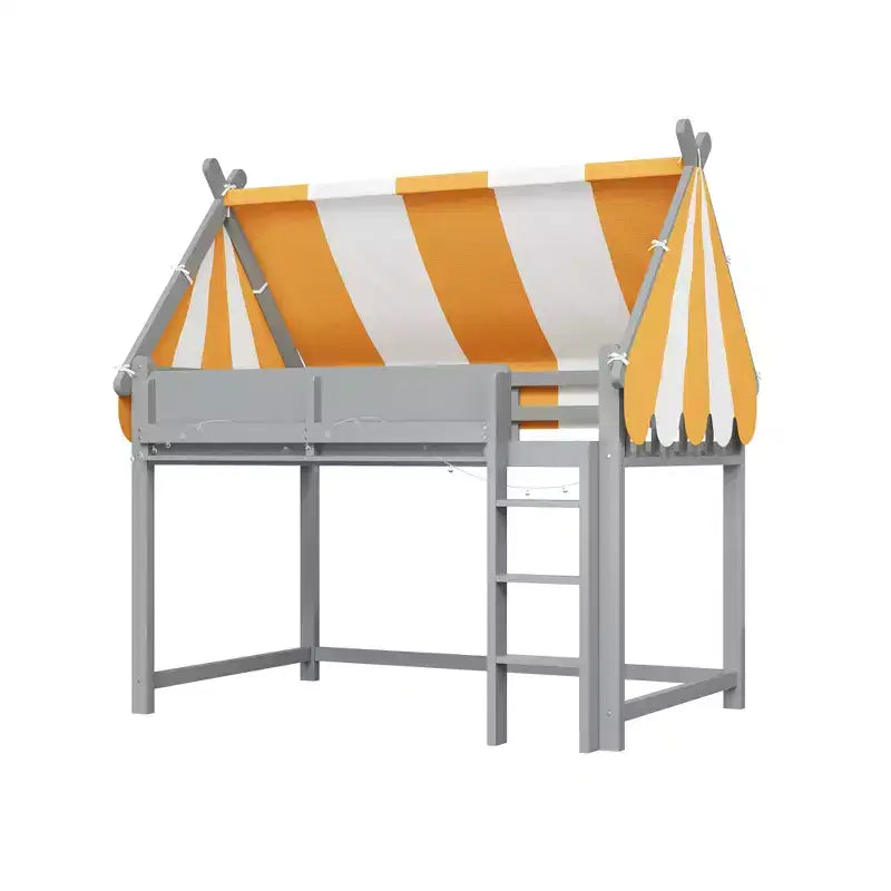 Lit mezzanine double/grand format avec baldaquin et toit, lit cabane en bois avec lumières LED et étagère à livres pour chambre de filles et de garçons