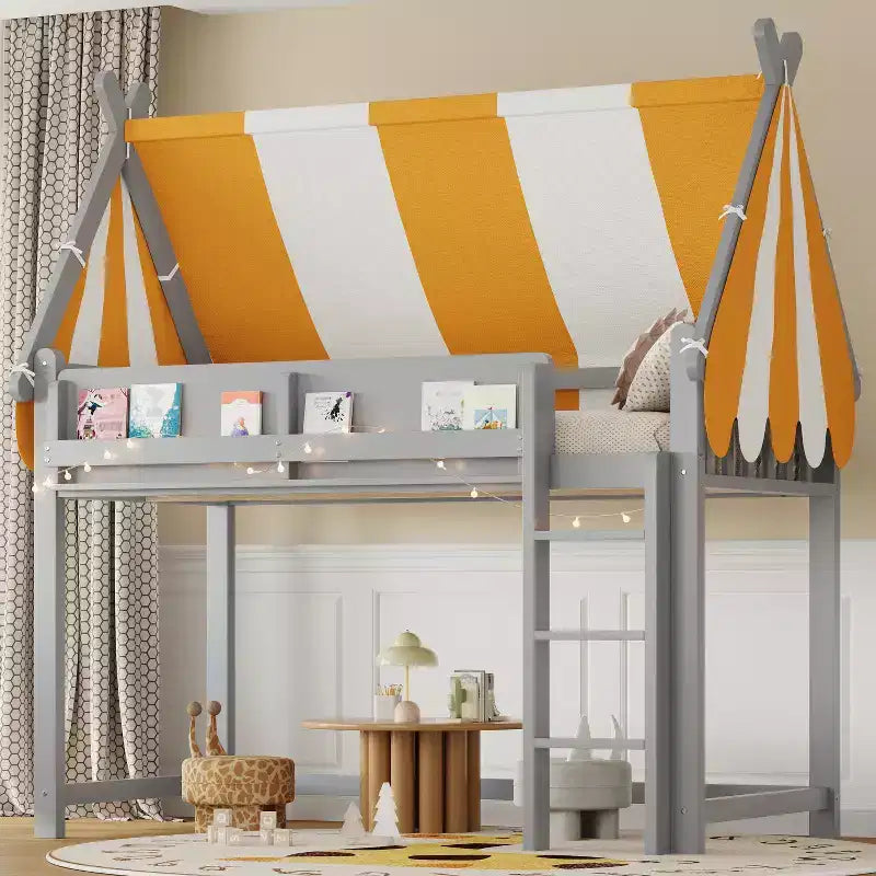 Twin/Full Size Loft Bed with Canopy and Roof, Wood House Bed with LED Lights & Book Shelf for Girls Boys Bedroom