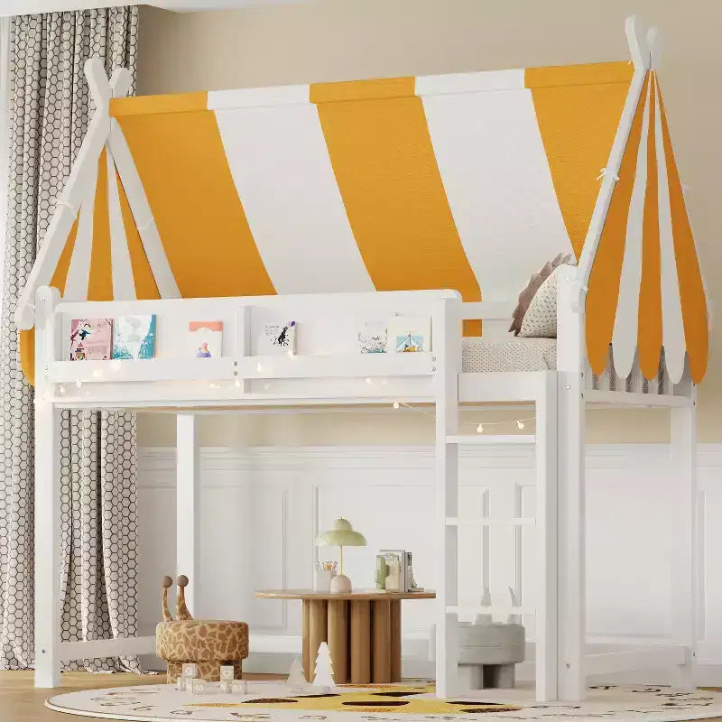 Lit mezzanine double/grand format avec baldaquin et toit, lit cabane en bois avec lumières LED et étagère à livres pour chambre de filles et de garçons