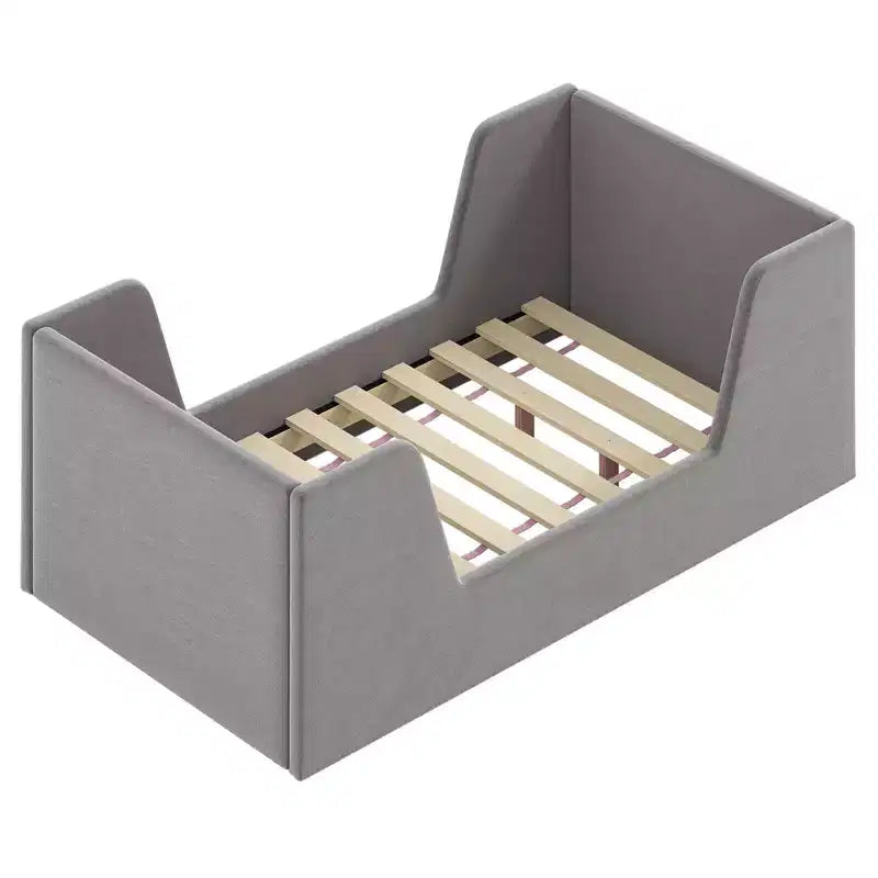 Lit de sol pour enfants Costway en tissu velours doux, rembourré, avec barrières de sécurité et tête de lit Gris/Rose