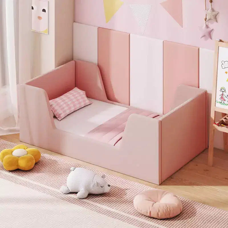 Lit de sol pour enfants Costway en tissu velours doux, rembourré, avec barrières de sécurité et tête de lit Gris/Rose