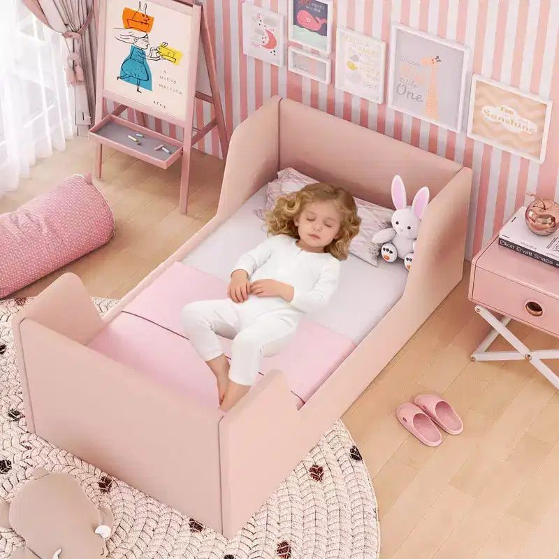 Lit de sol pour enfants Costway en tissu velours doux, rembourré, avec barrières de sécurité et tête de lit Gris/Rose