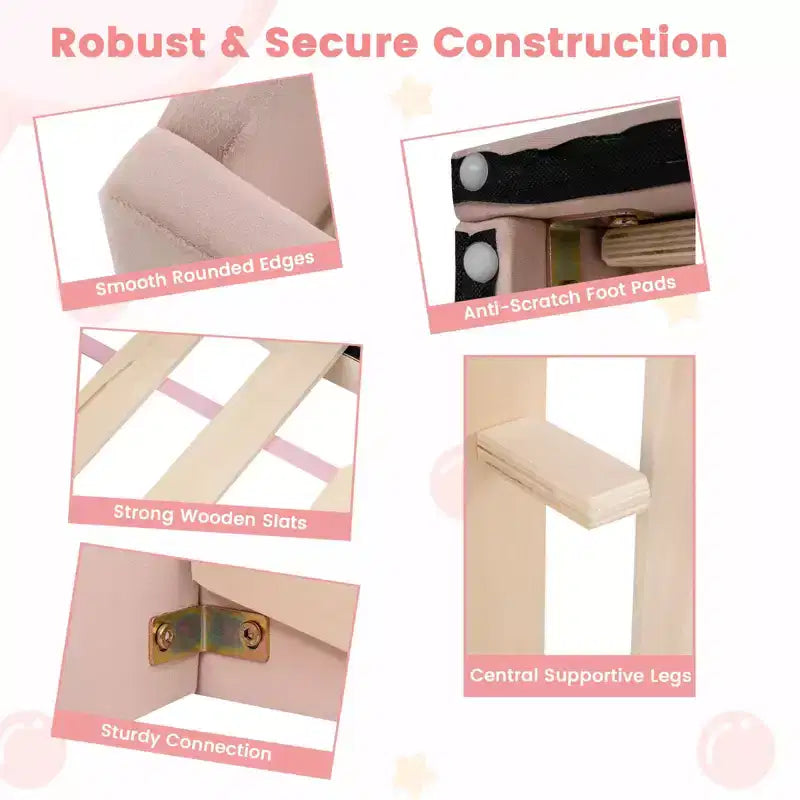 Lit de sol pour enfants Costway en tissu velours doux, rembourré, avec barrières de sécurité et tête de lit Gris/Rose
