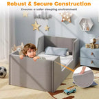 Lit de sol pour enfants Costway en tissu velours doux, rembourré, avec barrières de sécurité et tête de lit Gris/Rose