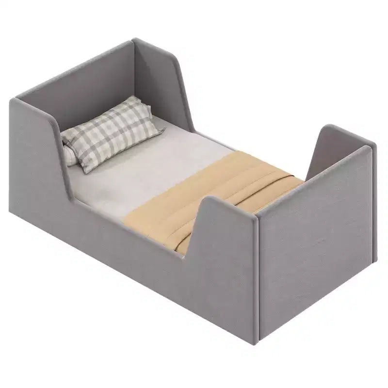 Costway Soft Velvet Fabric Upholstered Children Floor Bed with Safety Rails & Headboard Gray/Pink