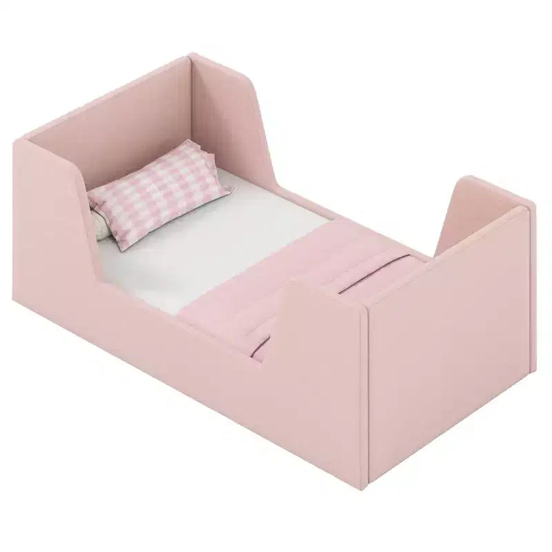 Lit de sol pour enfants Costway en tissu velours doux, rembourré, avec barrières de sécurité et tête de lit Gris/Rose