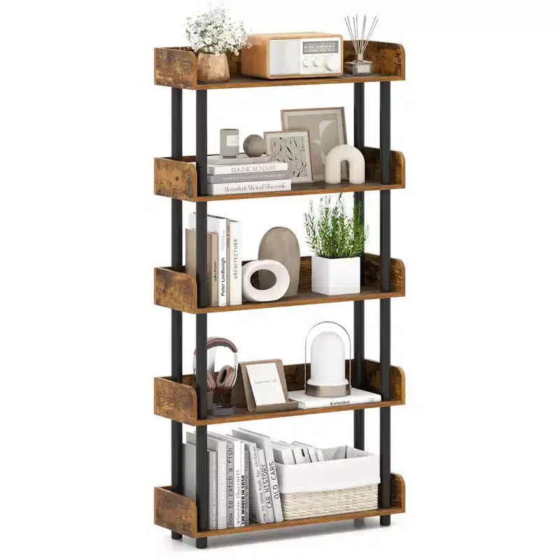 Costway Étagère 5 Niveaux 1/2 PCS, Bibliothèque Ouverte avec Kit Anti-Basculement, Meuble de Rangement pour Salon Noir/Brun Rustique et Noir