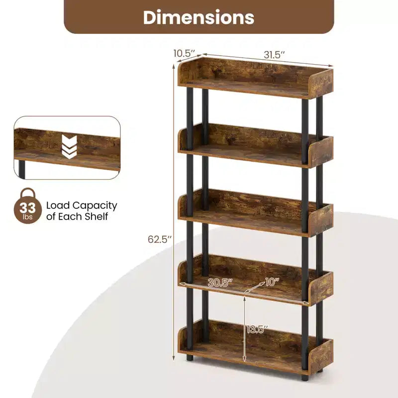 Costway Étagère 5 Niveaux 1/2 PCS, Bibliothèque Ouverte avec Kit Anti-Basculement, Meuble de Rangement pour Salon Noir/Brun Rustique et Noir