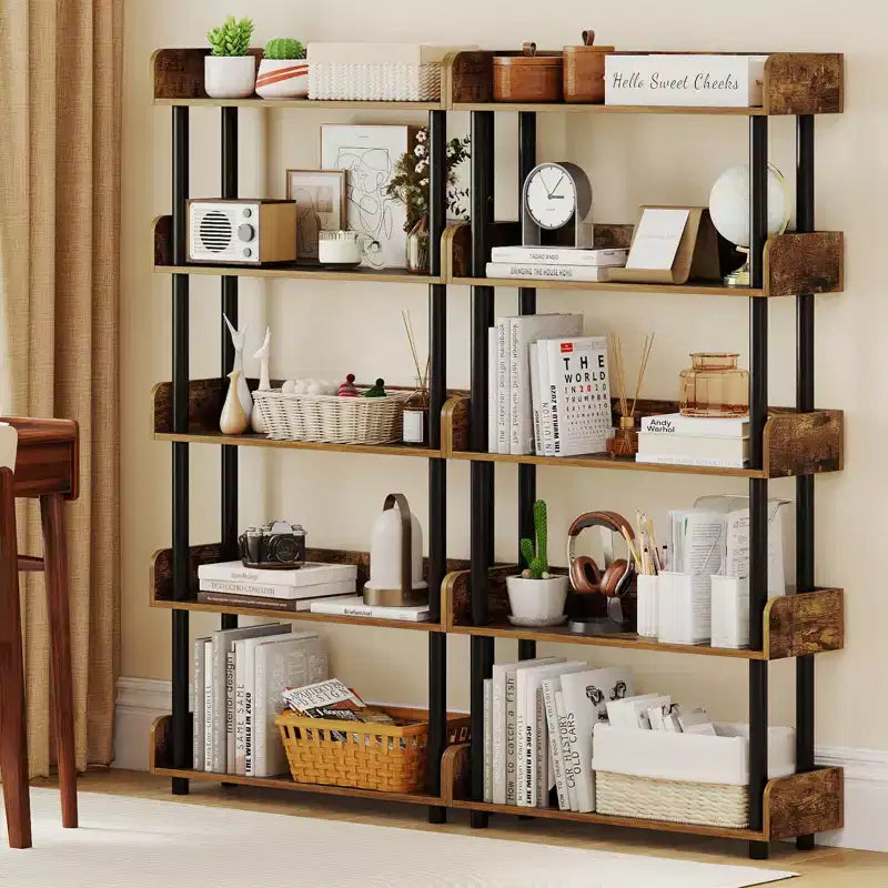 Costway Étagère 5 Niveaux 1/2 PCS, Bibliothèque Ouverte avec Kit Anti-Basculement, Meuble de Rangement pour Salon Noir/Brun Rustique et Noir